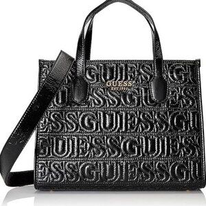 GUESS Silvana 2 Compartment Tote - Black Metallic Large Handbag - Logo Office